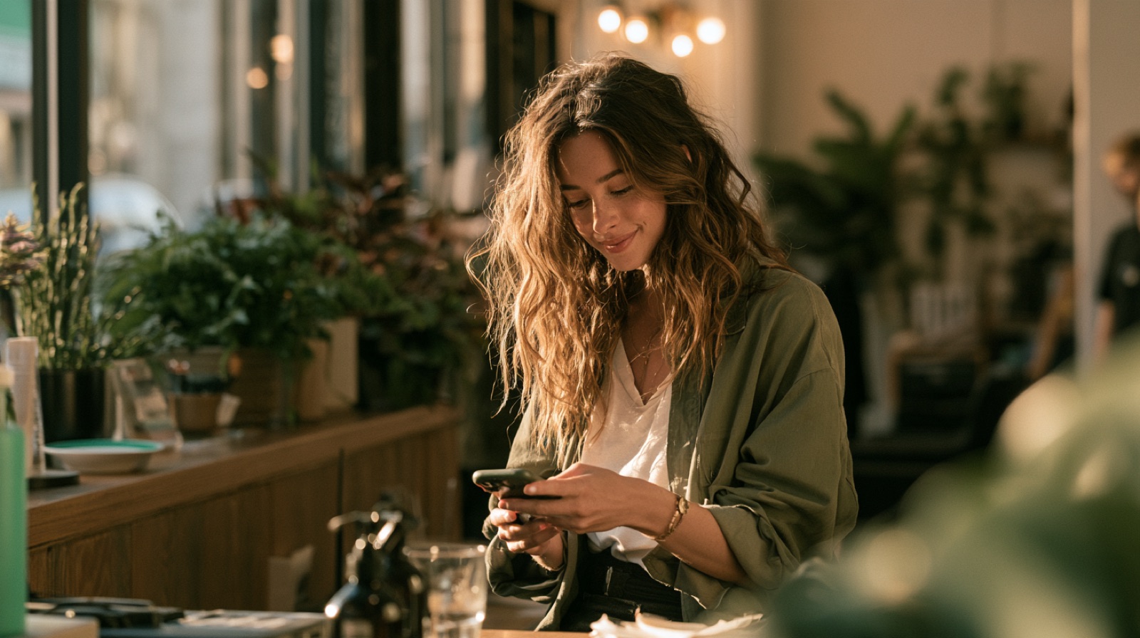 Salon owner checking her phone between clients