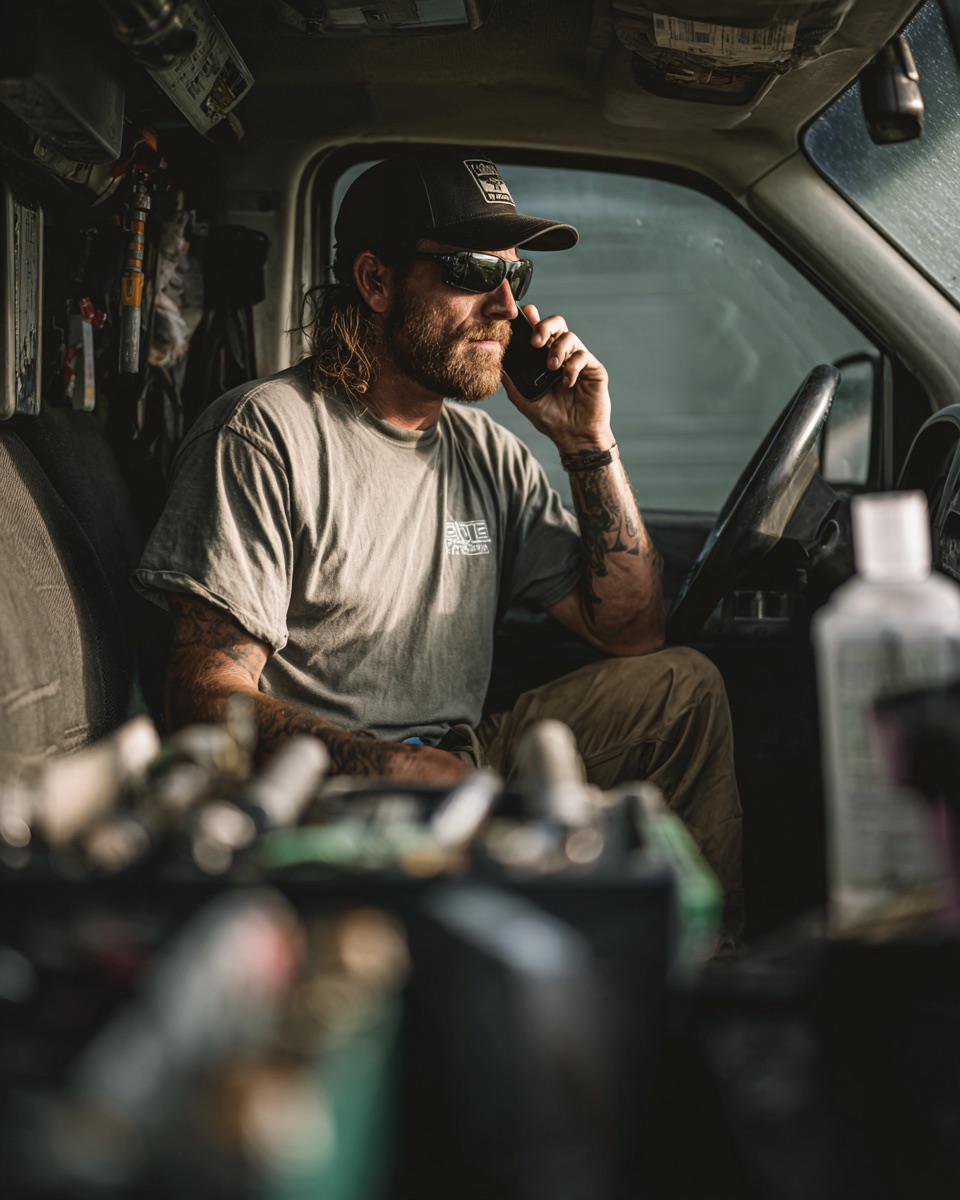 Plumber taking a call in his work van