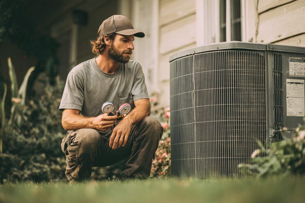 HVAC technician reading pressure gauges beside an outdoor AC unit