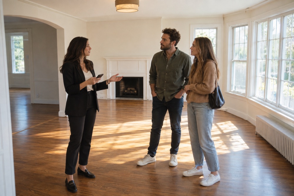 Real estate agent showing a couple around an empty living room